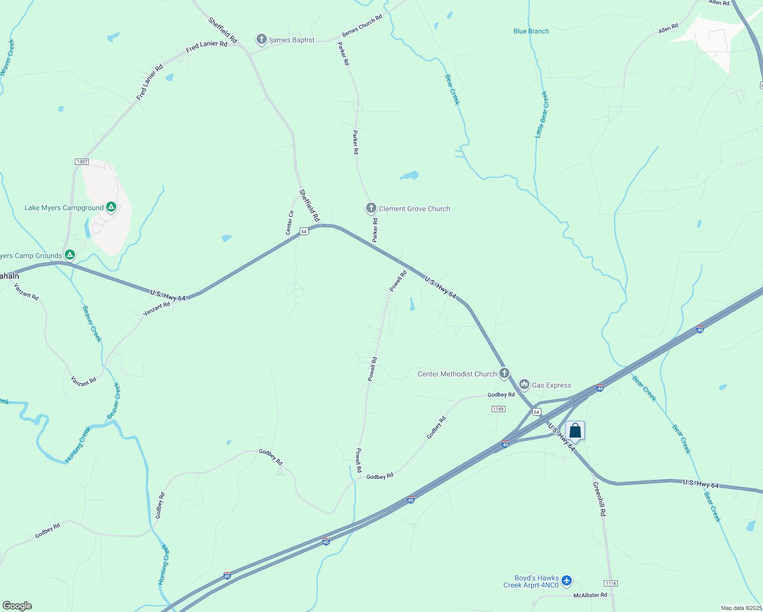 map of restaurants, bars, coffee shops, grocery stores, and more near 190 Powell Road in Mocksville
