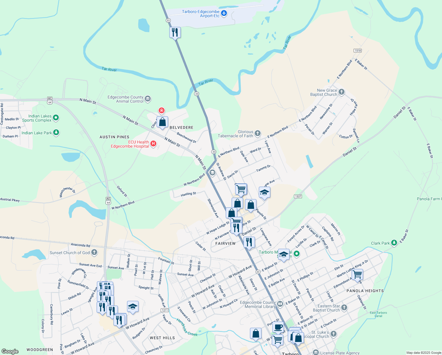 map of restaurants, bars, coffee shops, grocery stores, and more near 2302 Saint Andrew Street in Tarboro