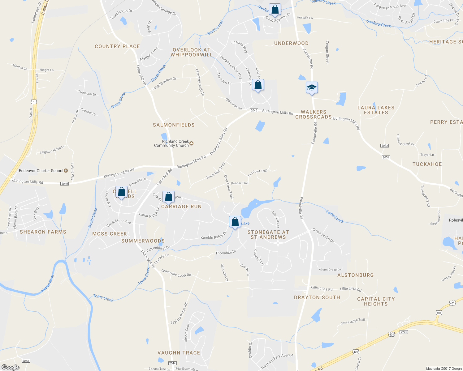 map of restaurants, bars, coffee shops, grocery stores, and more near 3400 Donner Trail in Wake Forest