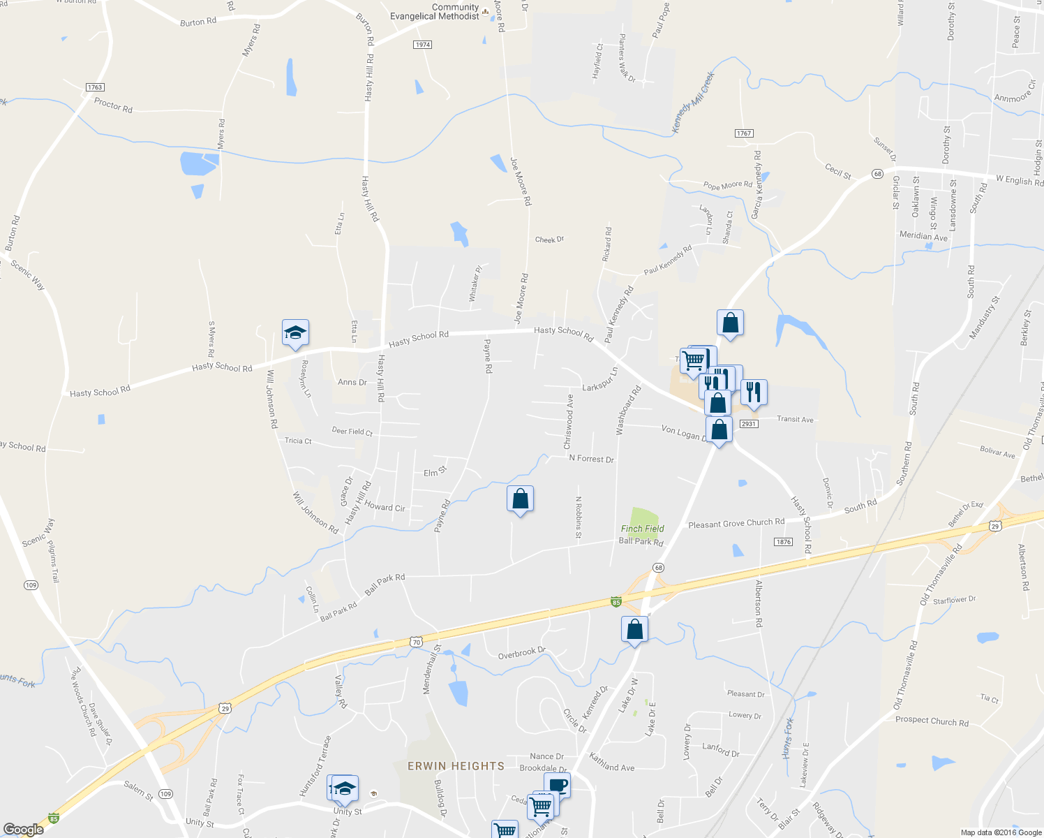 map of restaurants, bars, coffee shops, grocery stores, and more near 19 Birchwood Court in Thomasville