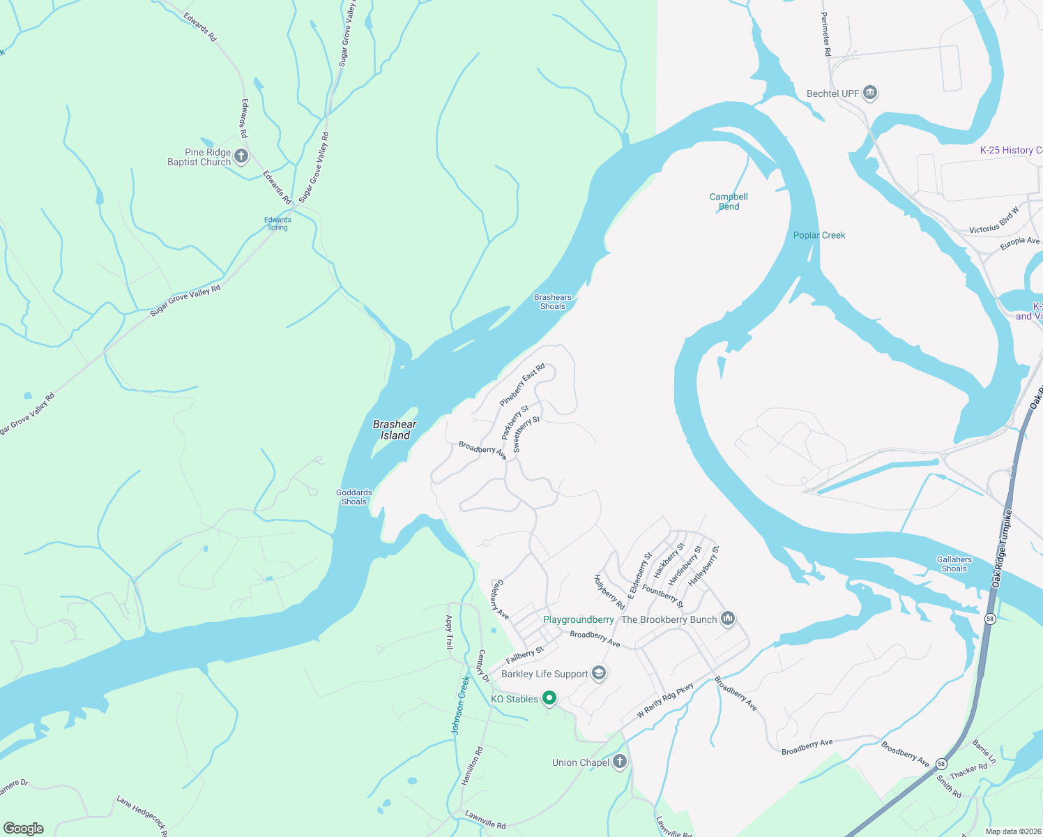 map of restaurants, bars, coffee shops, grocery stores, and more near 115 Parkberry Street in Oak Ridge