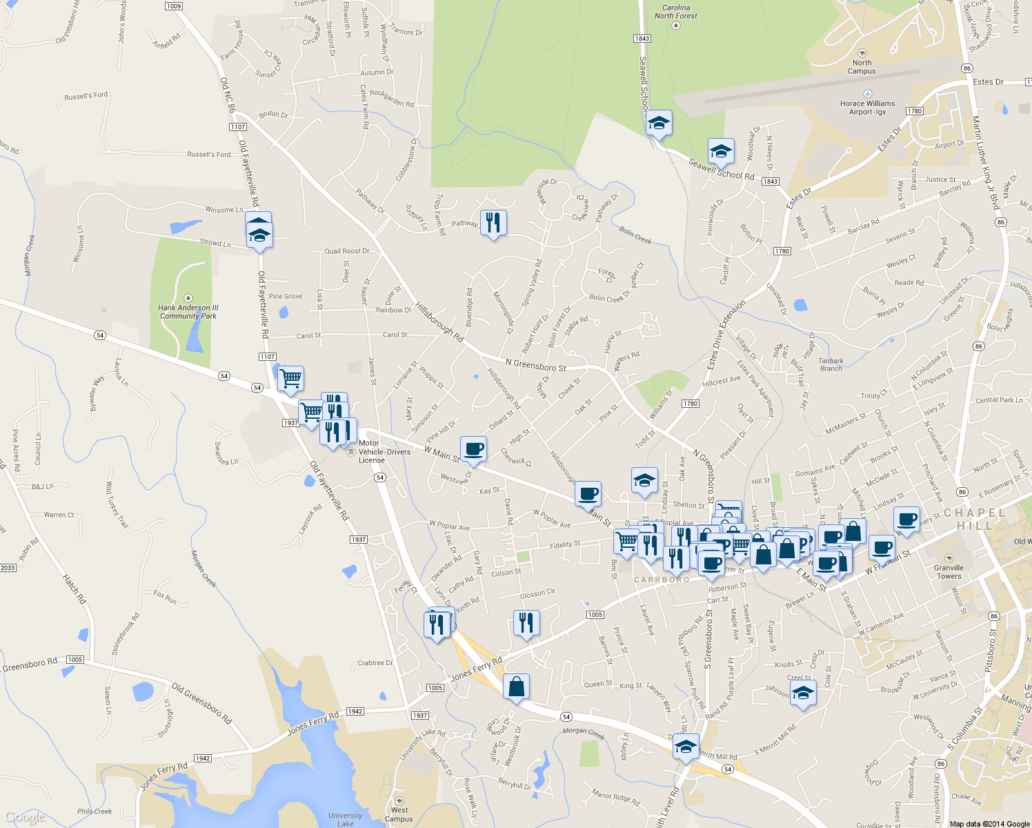 map of restaurants, bars, coffee shops, grocery stores, and more near 509 Hillsborough Road in Carrboro