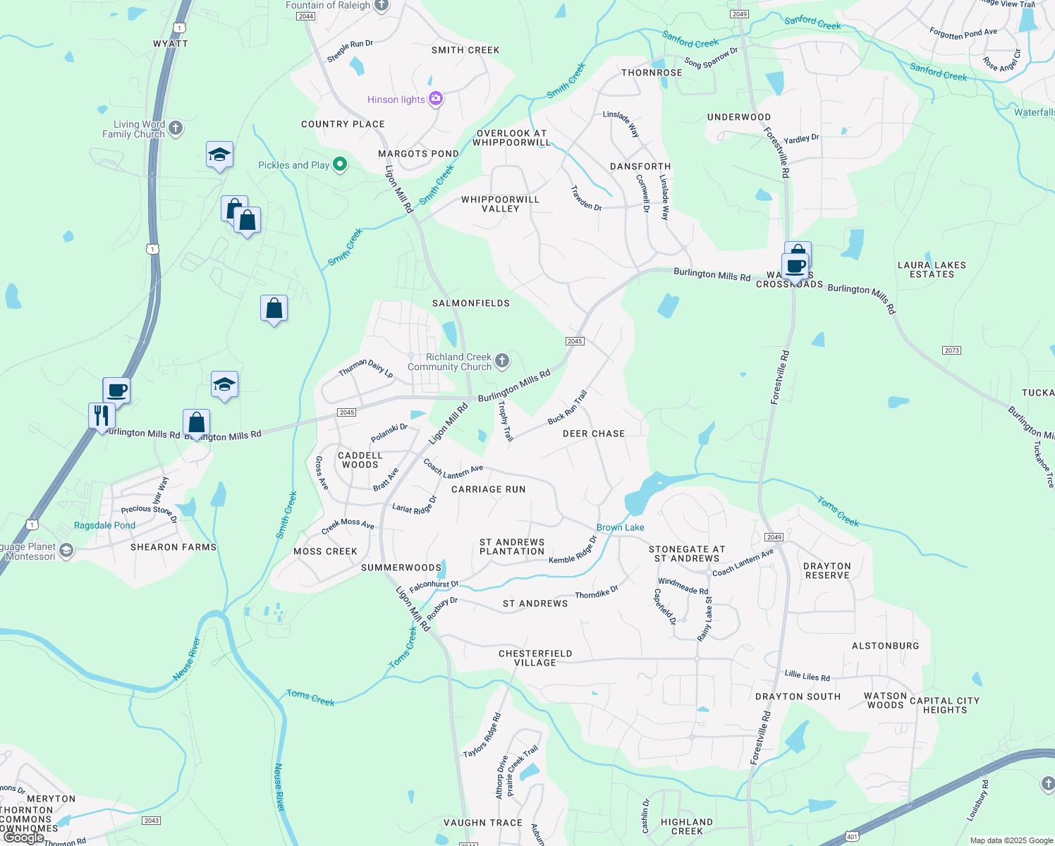map of restaurants, bars, coffee shops, grocery stores, and more near 3309 Buck Run Trail in Wake Forest
