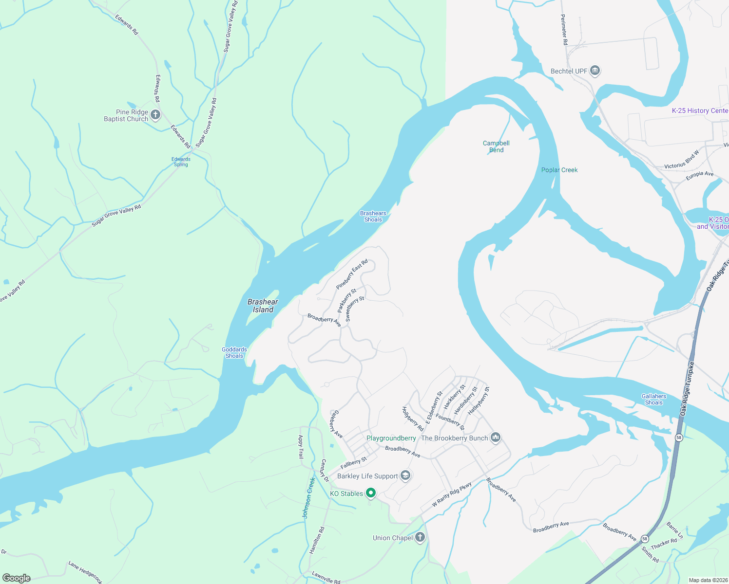 map of restaurants, bars, coffee shops, grocery stores, and more near 119 Pineberry East Road in Oak Ridge