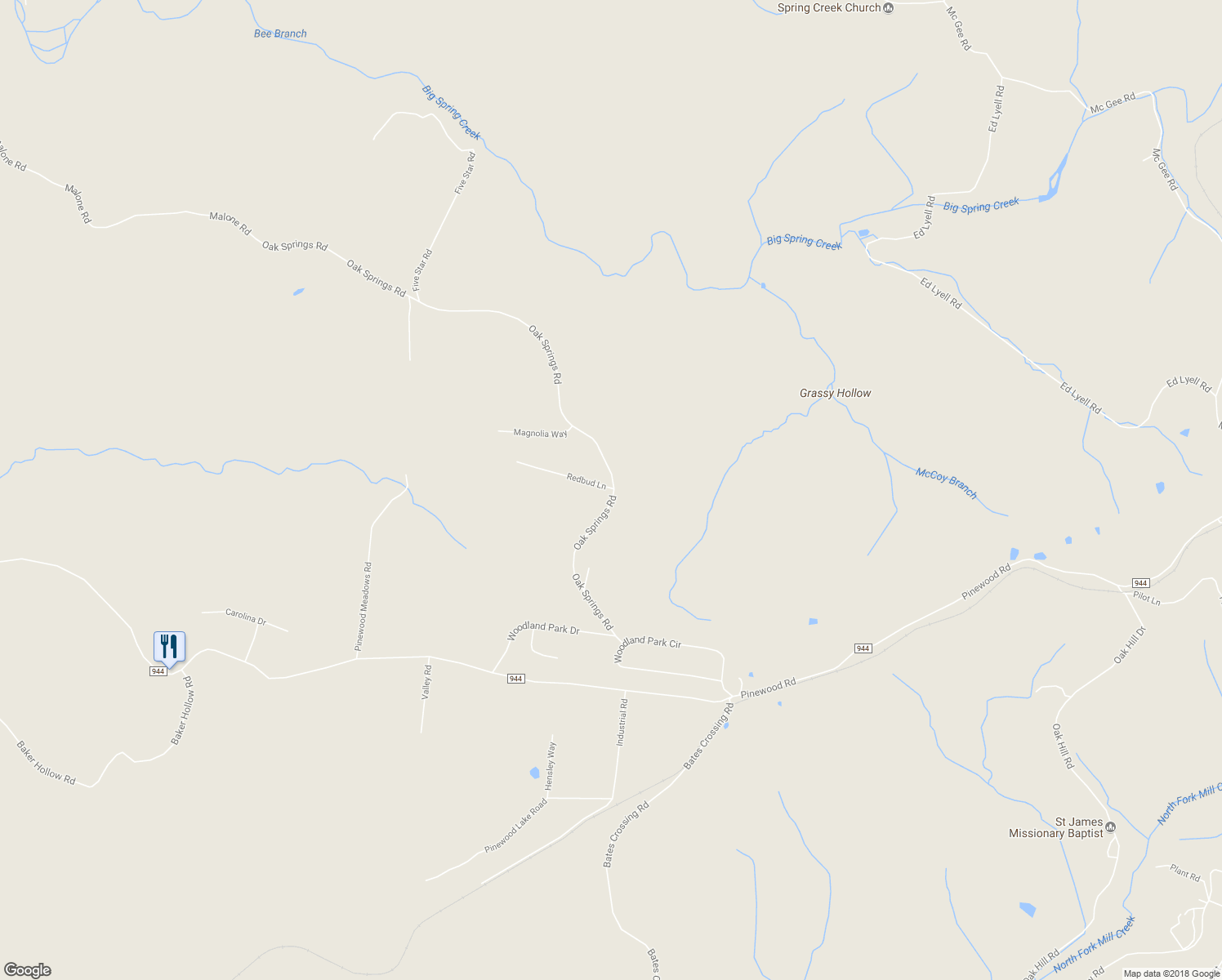 map of restaurants, bars, coffee shops, grocery stores, and more near 7096 Oak Springs Road in Nunnelly