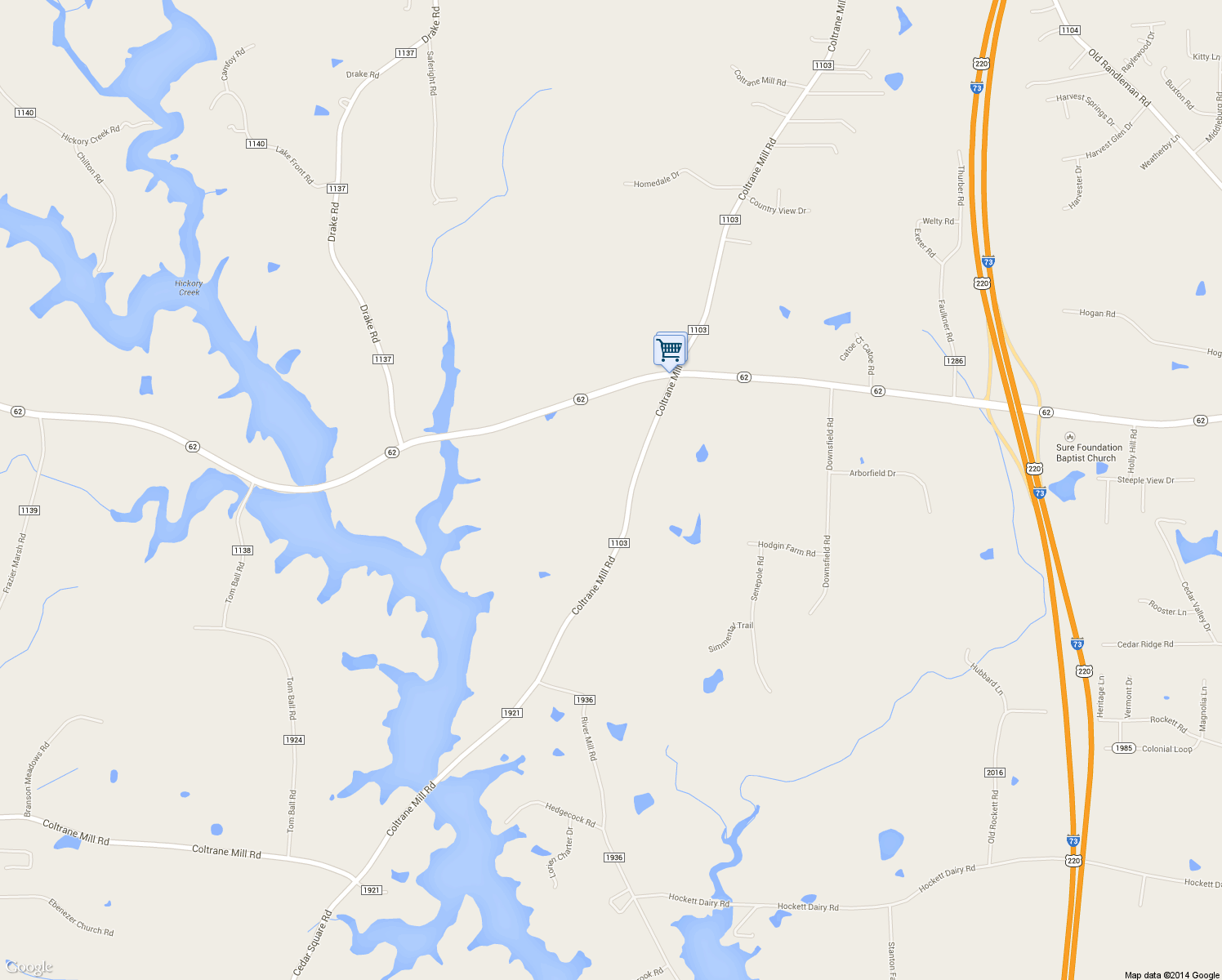 map of restaurants, bars, coffee shops, grocery stores, and more near 6838 Coltrane Mill Road in Randleman