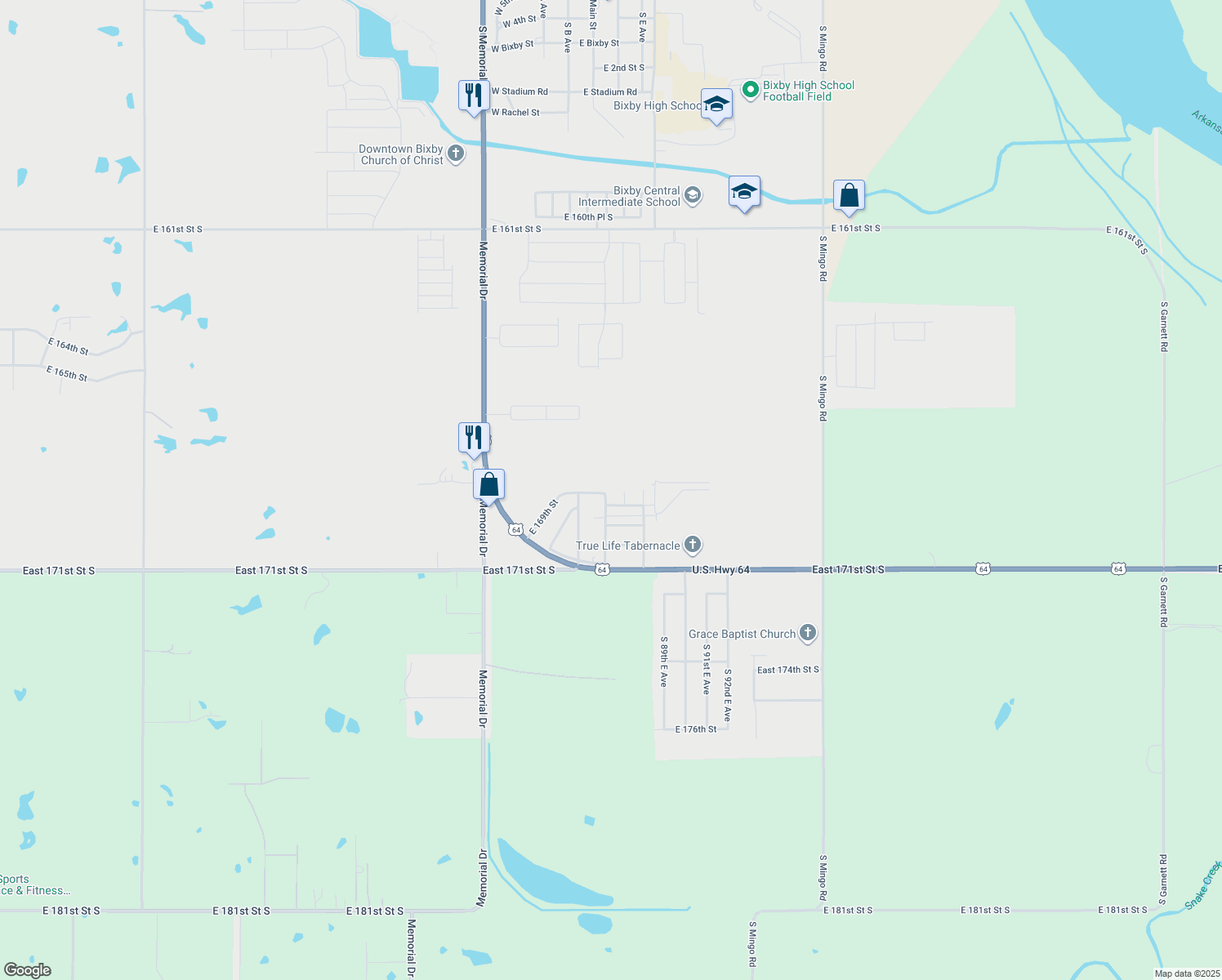 map of restaurants, bars, coffee shops, grocery stores, and more near 16903 South 87th East Avenue in Bixby