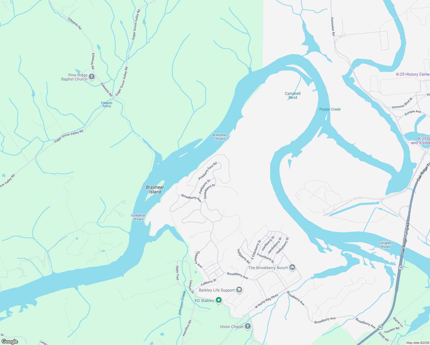 map of restaurants, bars, coffee shops, grocery stores, and more near 129 Pineberry East Road in Oak Ridge