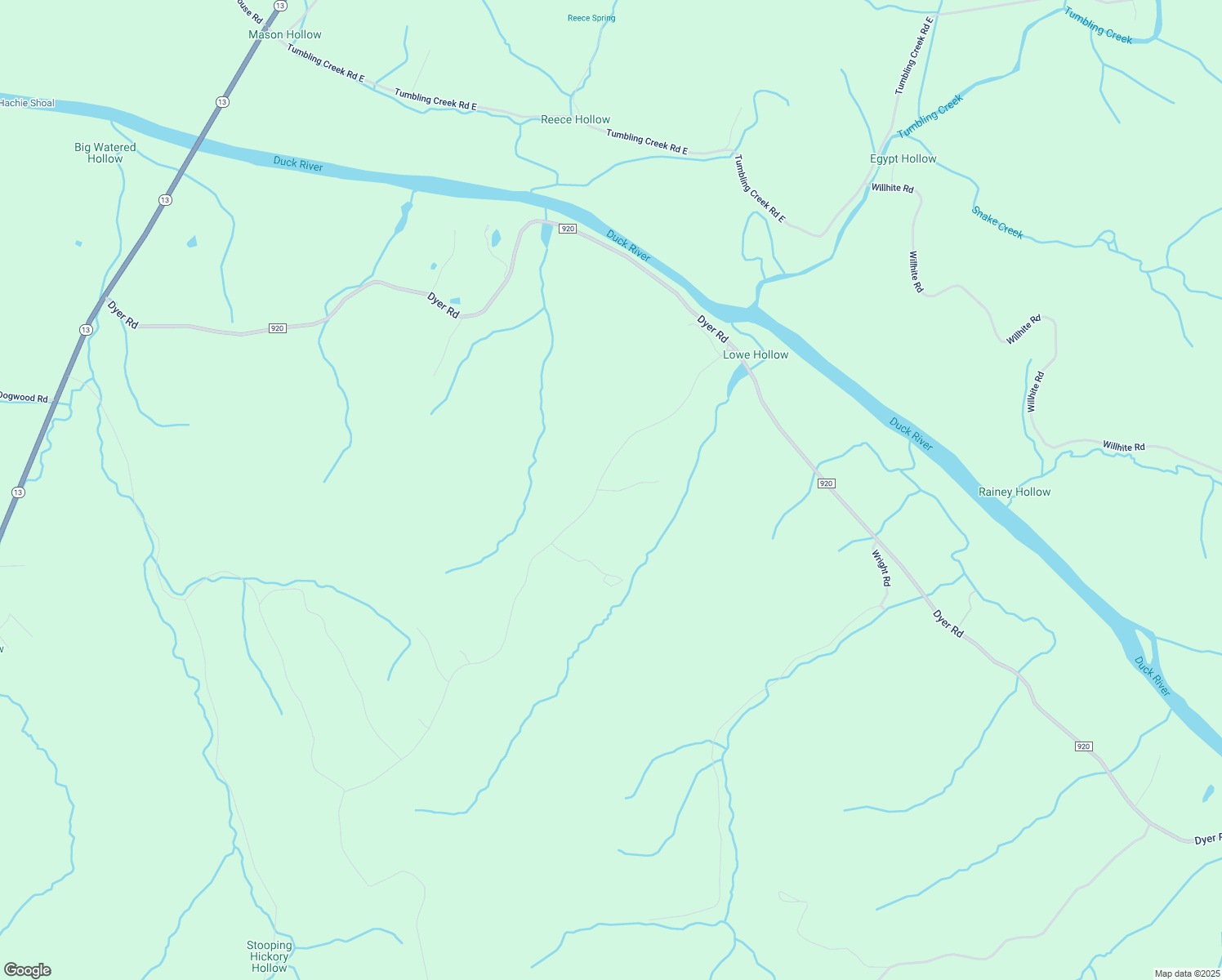 map of restaurants, bars, coffee shops, grocery stores, and more near Dyer Road in Hurricane Mills