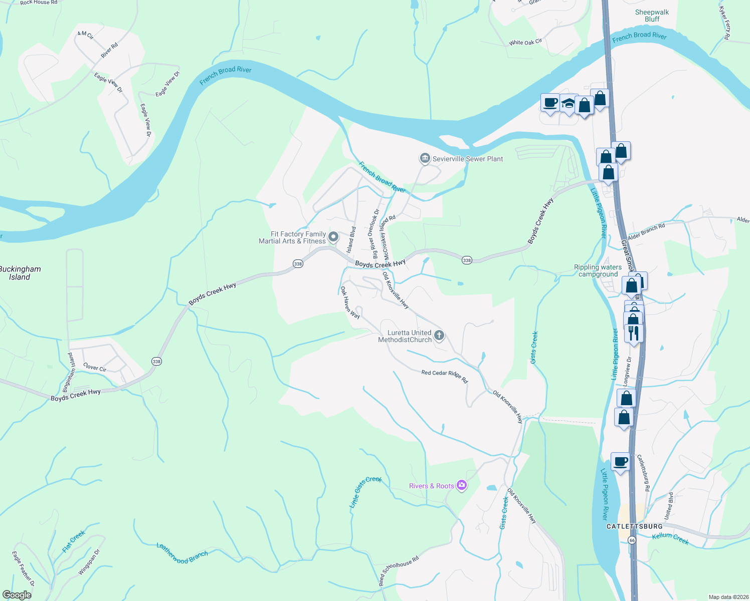 map of restaurants, bars, coffee shops, grocery stores, and more near 2020 Destiny Way in Sevierville