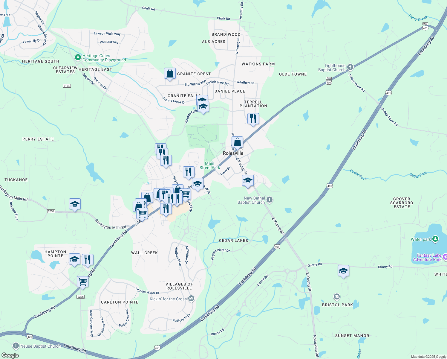 map of restaurants, bars, coffee shops, grocery stores, and more near 102 Glenn Circle in Rolesville