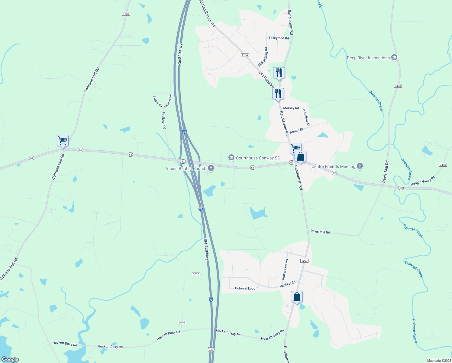 map of restaurants, bars, coffee shops, grocery stores, and more near 7010 Holly Hill Rd in Randleman