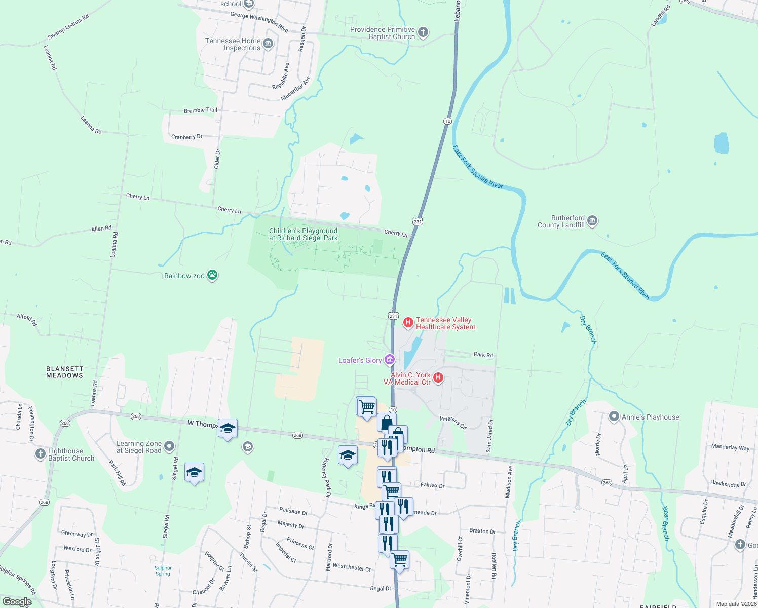 map of restaurants, bars, coffee shops, grocery stores, and more near 135 Fairmont Drive in Murfreesboro