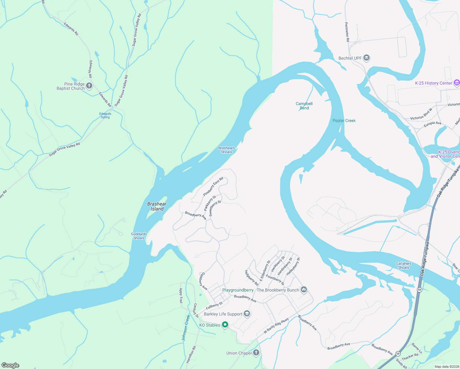 map of restaurants, bars, coffee shops, grocery stores, and more near 142 Pineberry East Road in Oak Ridge