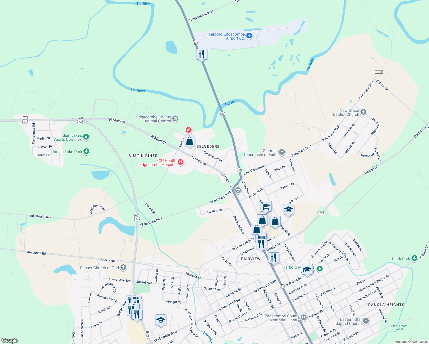 map of restaurants, bars, coffee shops, grocery stores, and more near 2508 North Main Street in Tarboro