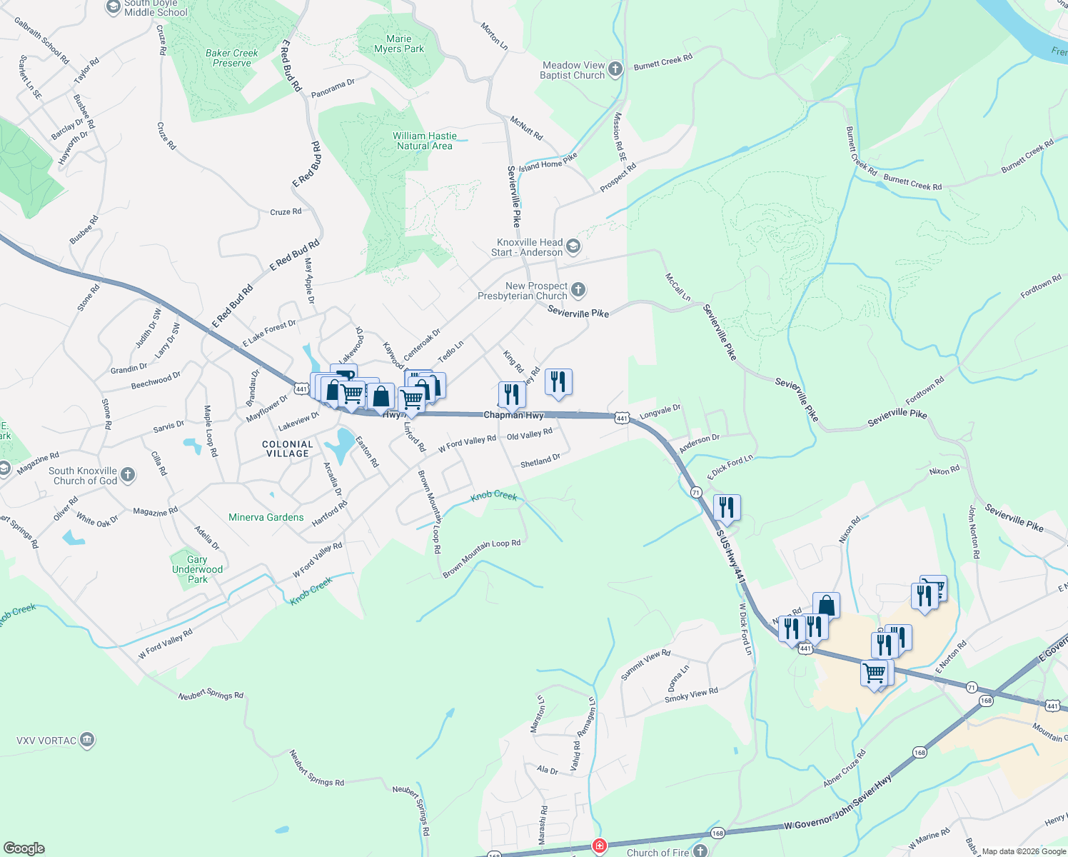 map of restaurants, bars, coffee shops, grocery stores, and more near 6421 Old Valley Rd in Knoxville