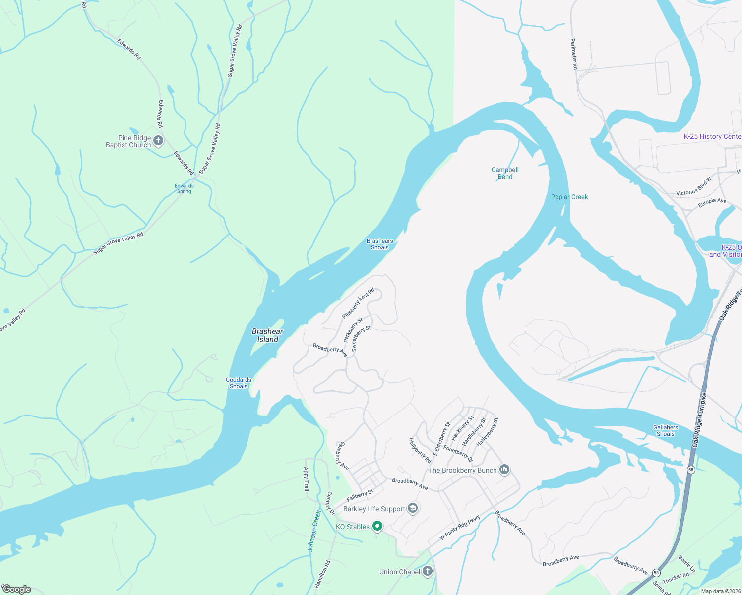 map of restaurants, bars, coffee shops, grocery stores, and more near 129 Pineberry East Road in Oak Ridge