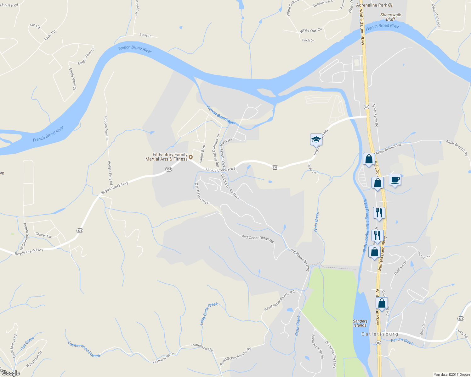 map of restaurants, bars, coffee shops, grocery stores, and more near 4009 Oak Haven Court in Sevierville