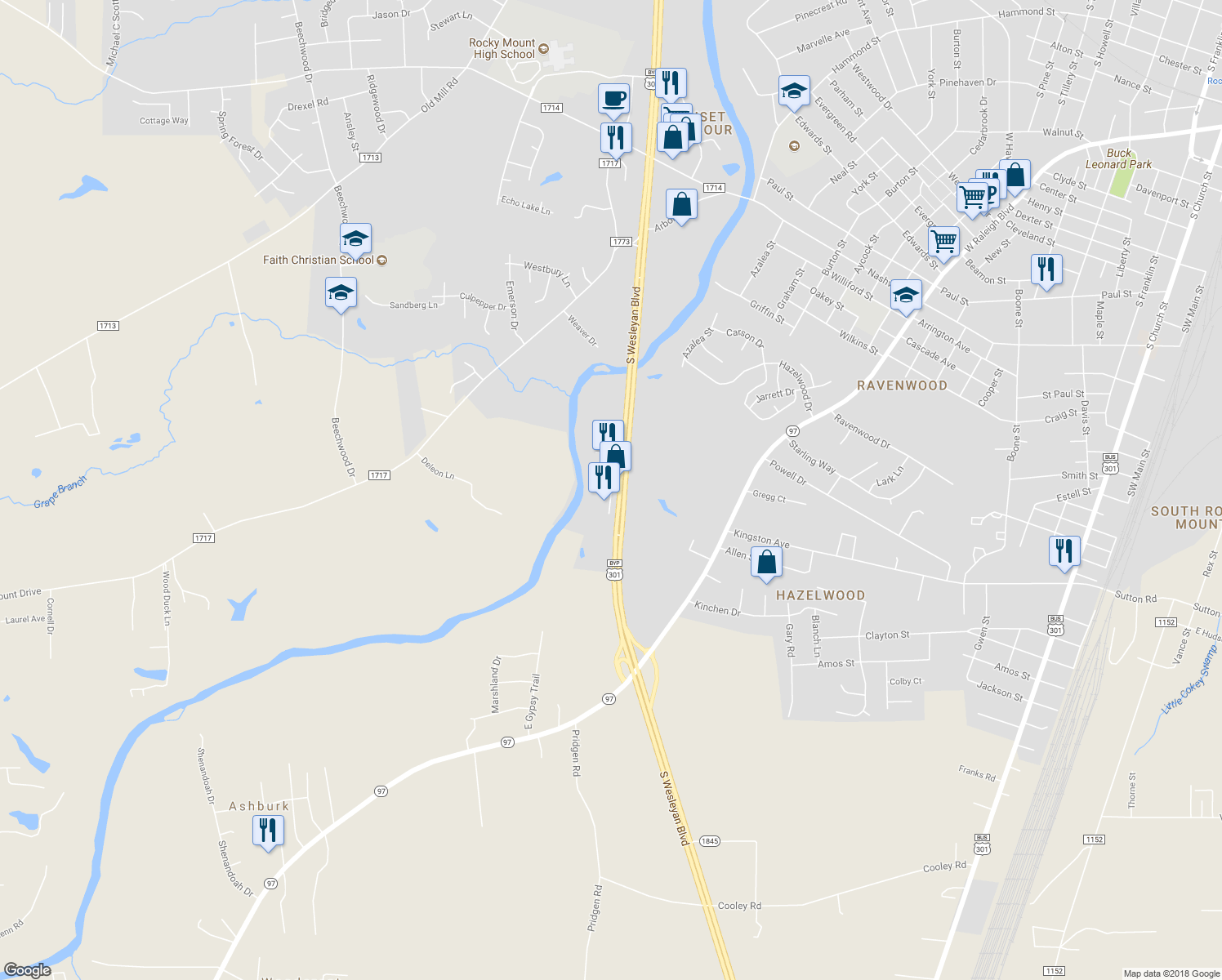 map of restaurants, bars, coffee shops, grocery stores, and more near Overlook Drive in Rocky Mount