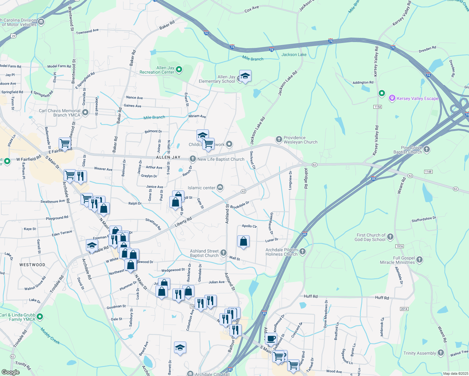 map of restaurants, bars, coffee shops, grocery stores, and more near 1508 Southtree Lane in High Point