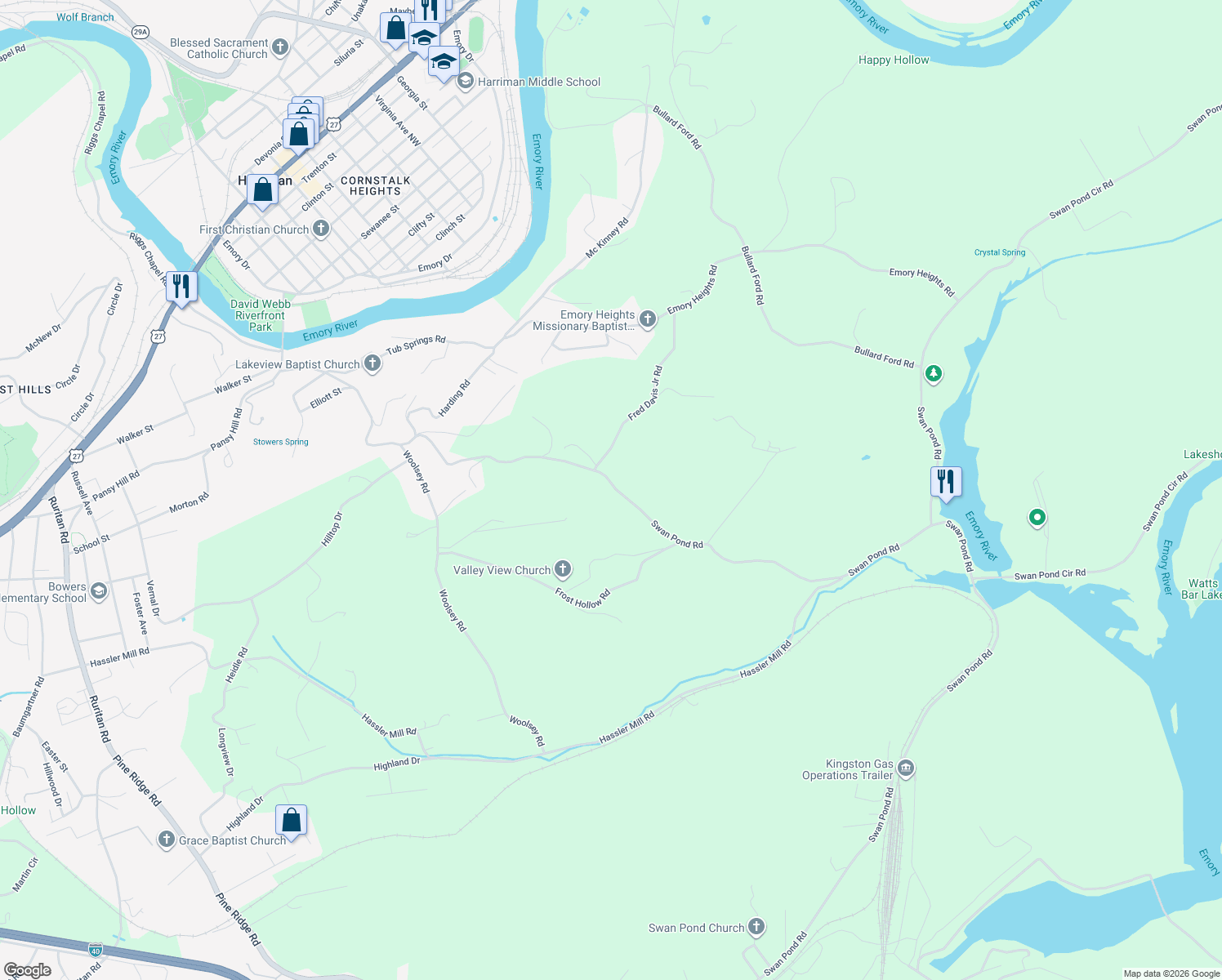 map of restaurants, bars, coffee shops, grocery stores, and more near 1747 Swan Pond Road in Harriman