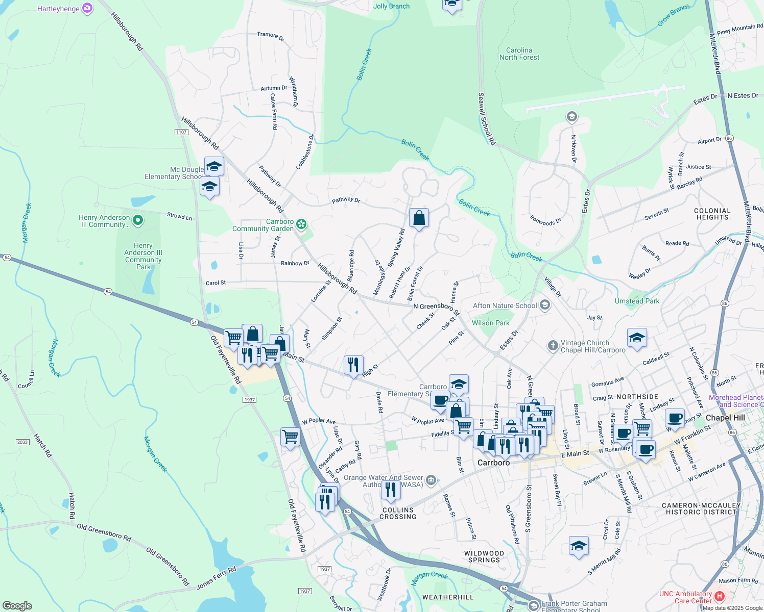 map of restaurants, bars, coffee shops, grocery stores, and more near 1703 North Greensboro Street in Carrboro