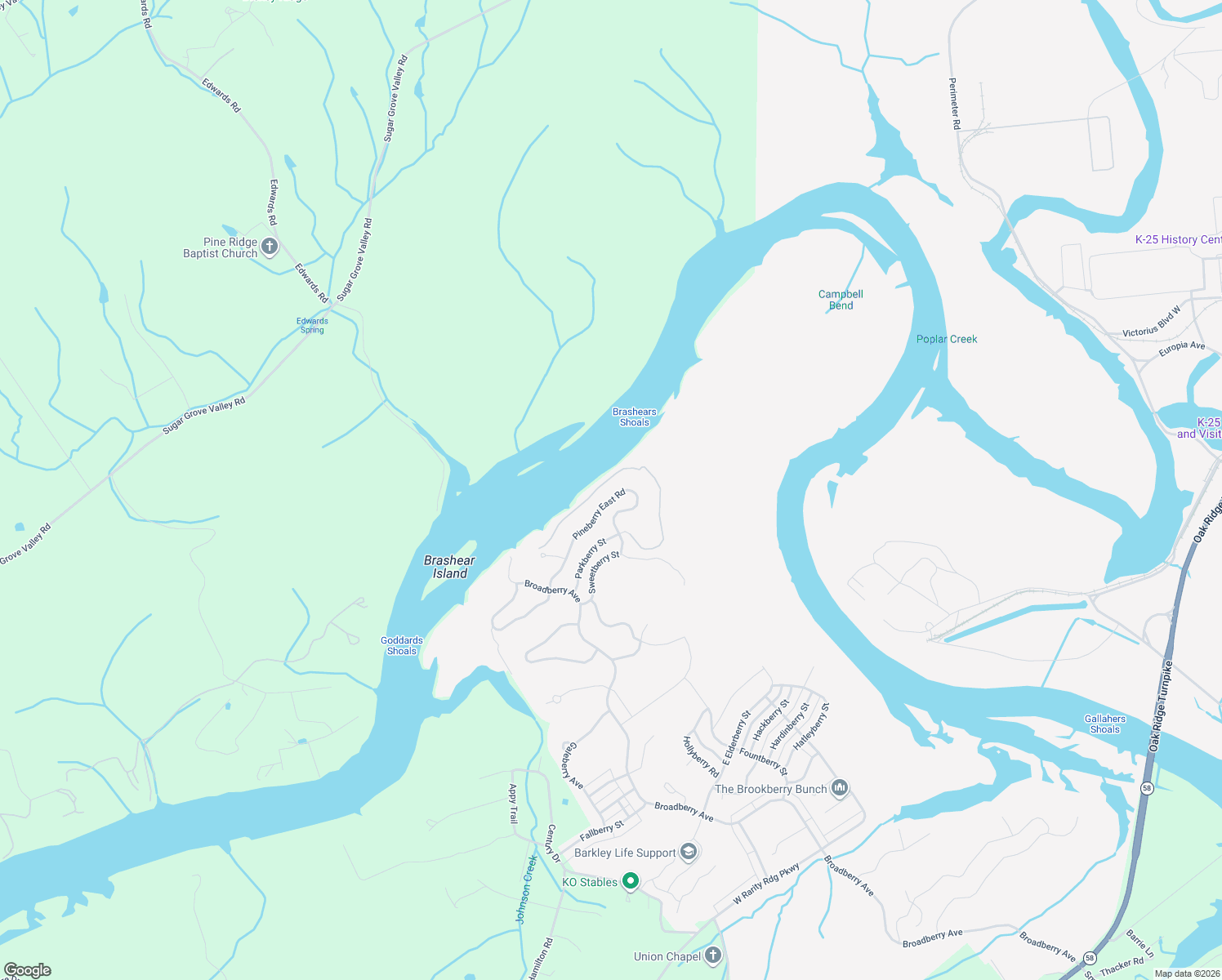 map of restaurants, bars, coffee shops, grocery stores, and more near 129 Pineberry East Road in Oak Ridge