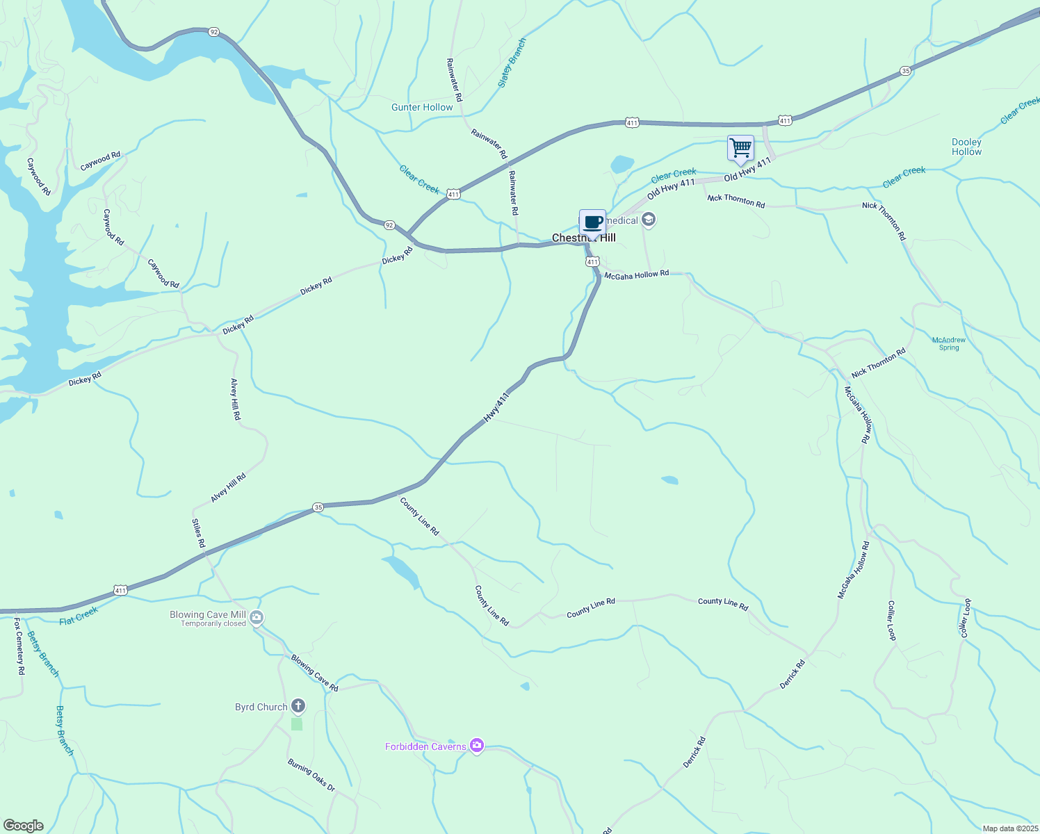map of restaurants, bars, coffee shops, grocery stores, and more near 2325 Joe Thornton Rd in Dandridge