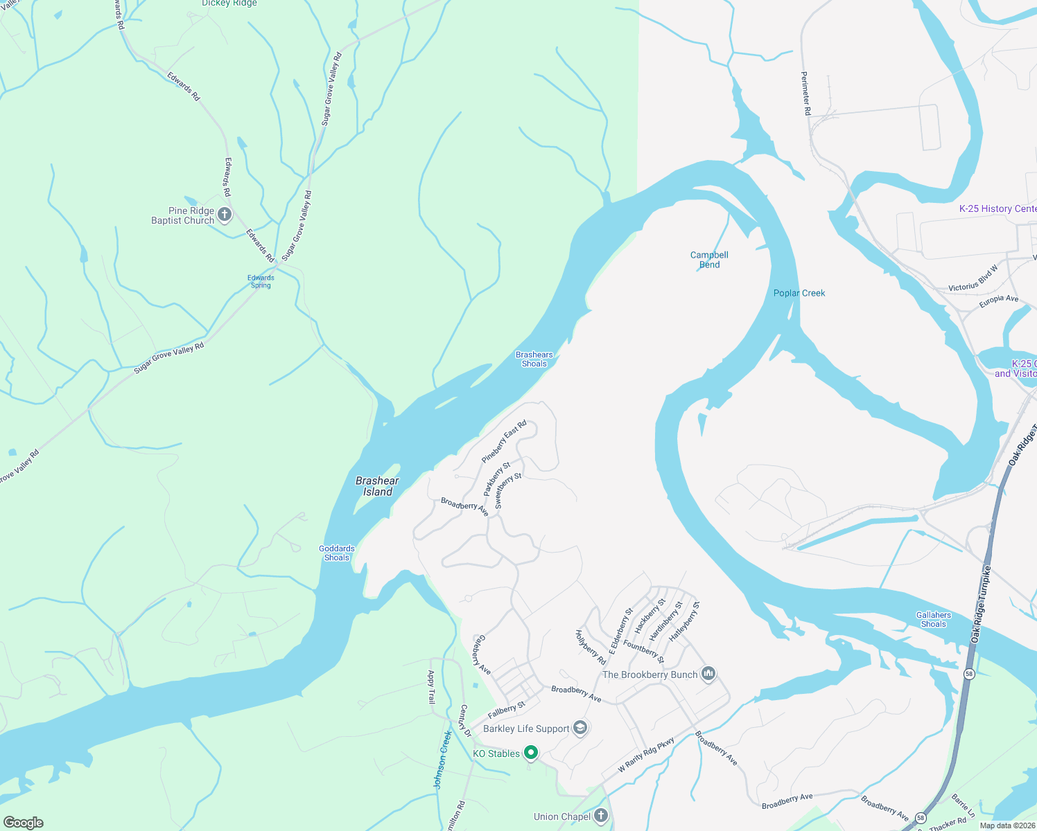 map of restaurants, bars, coffee shops, grocery stores, and more near 150 Pineberry East Road in Oak Ridge