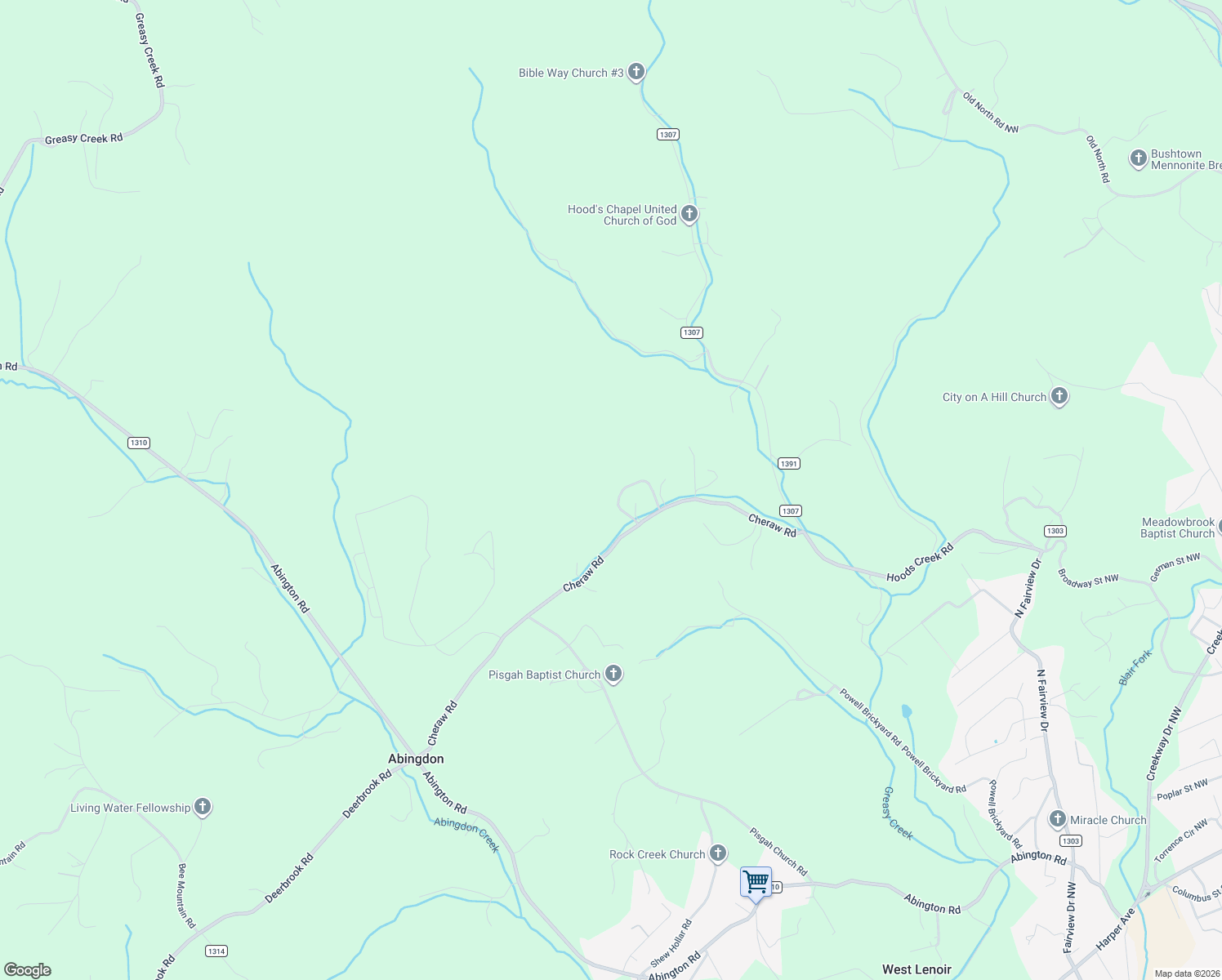 map of restaurants, bars, coffee shops, grocery stores, and more near 2924 Spencer Street in Lenoir