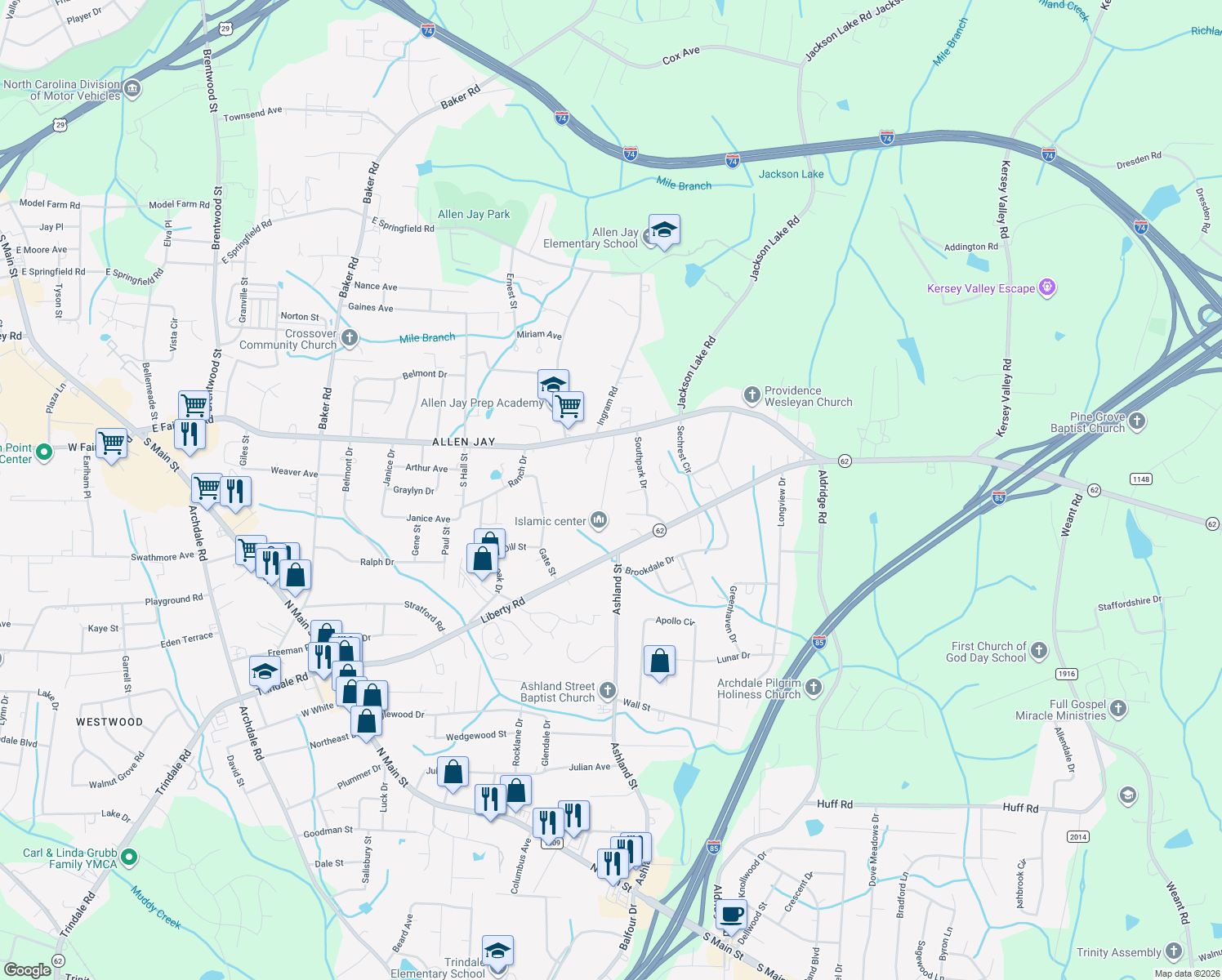 map of restaurants, bars, coffee shops, grocery stores, and more near 3619 Akers Court in High Point
