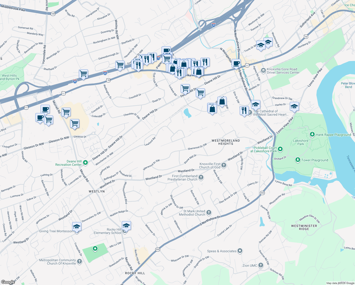 map of restaurants, bars, coffee shops, grocery stores, and more near 6934 Old Kent Dr in Knoxville