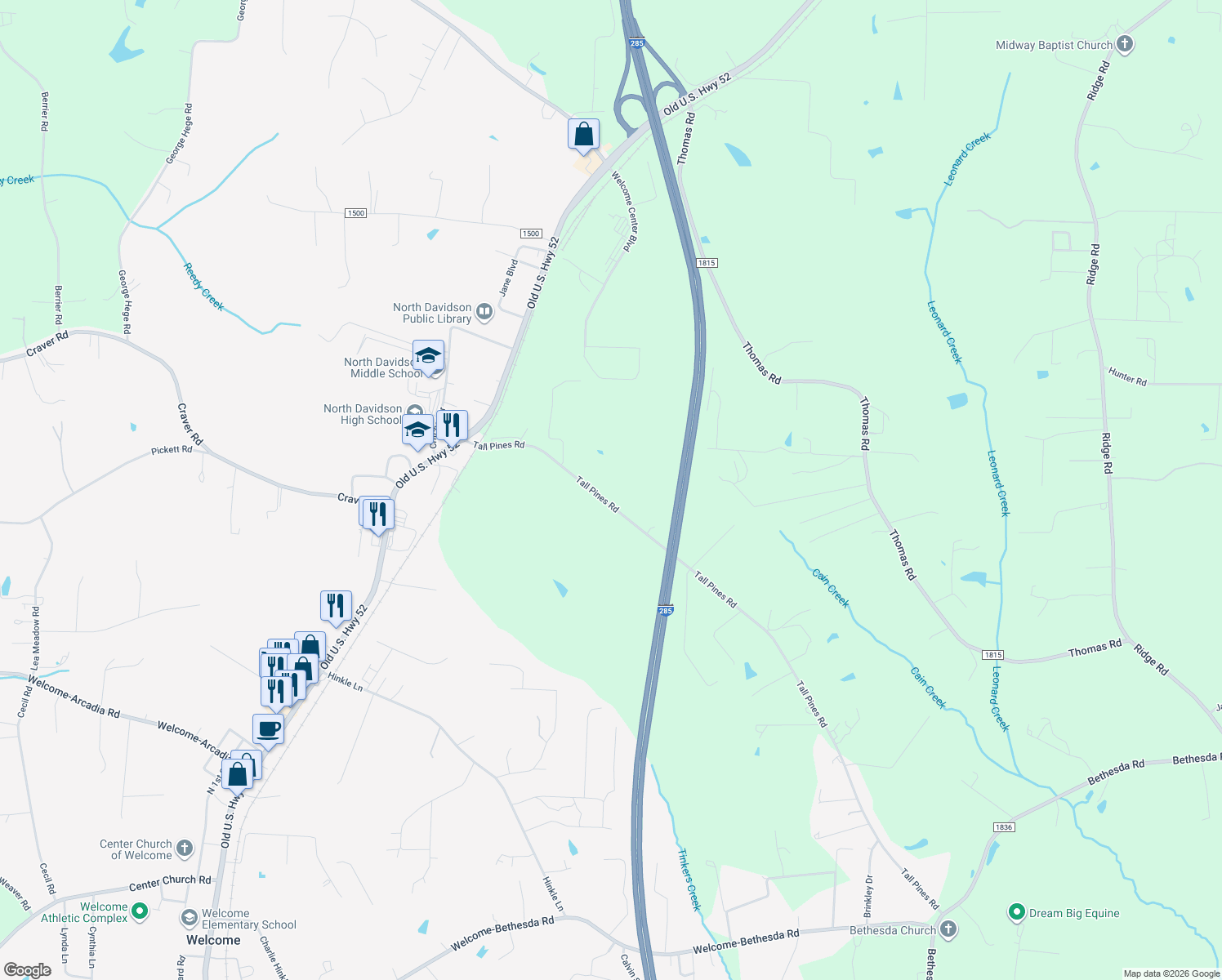 map of restaurants, bars, coffee shops, grocery stores, and more near 535 Tall Pines Road in Lexington