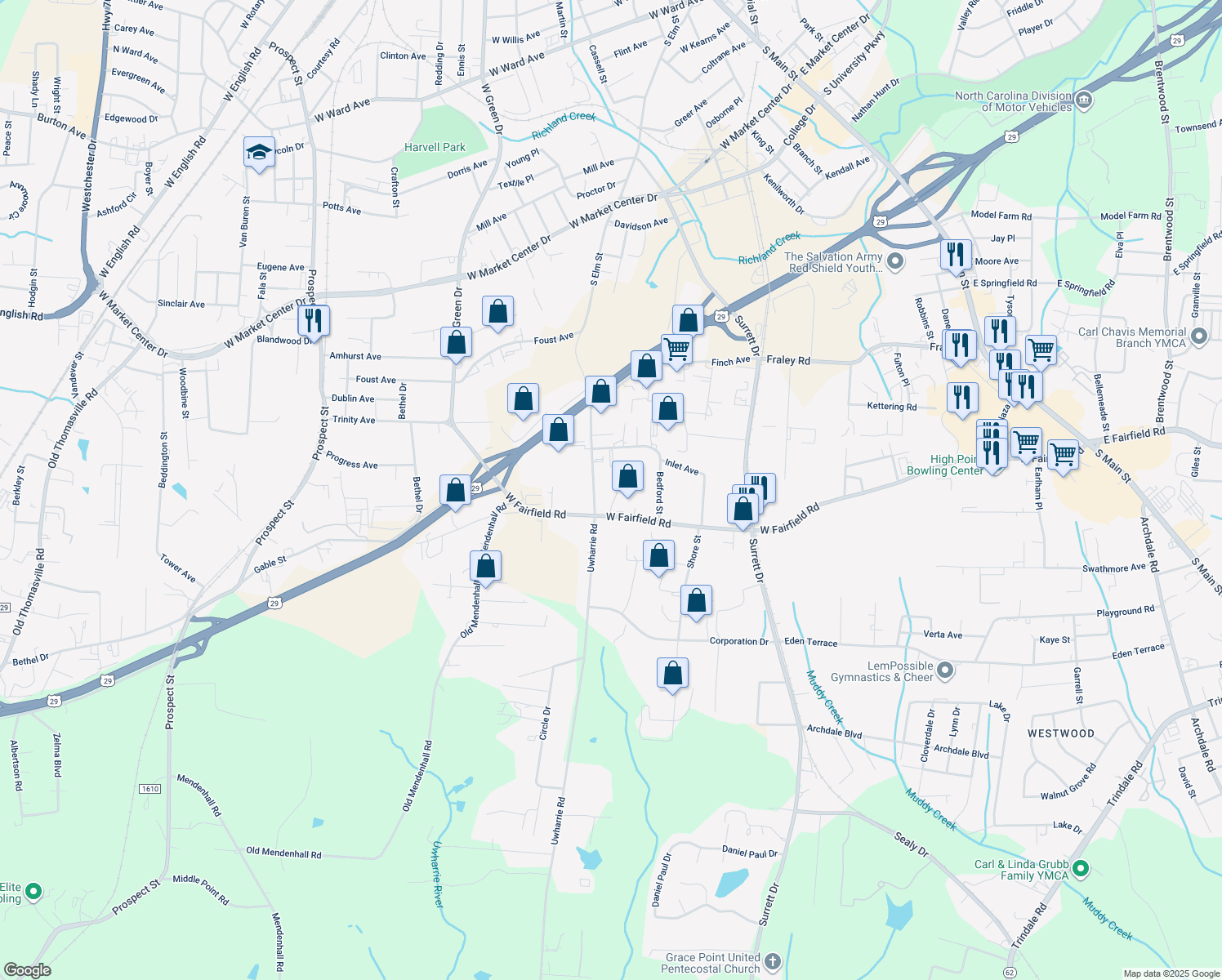map of restaurants, bars, coffee shops, grocery stores, and more near 111 Henderson Street in High Point