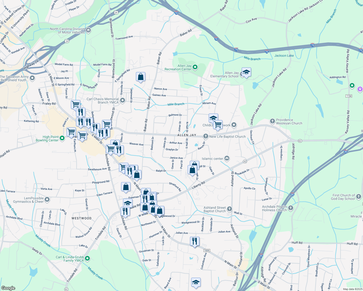 map of restaurants, bars, coffee shops, grocery stores, and more near 830 Graylyn Drive in High Point
