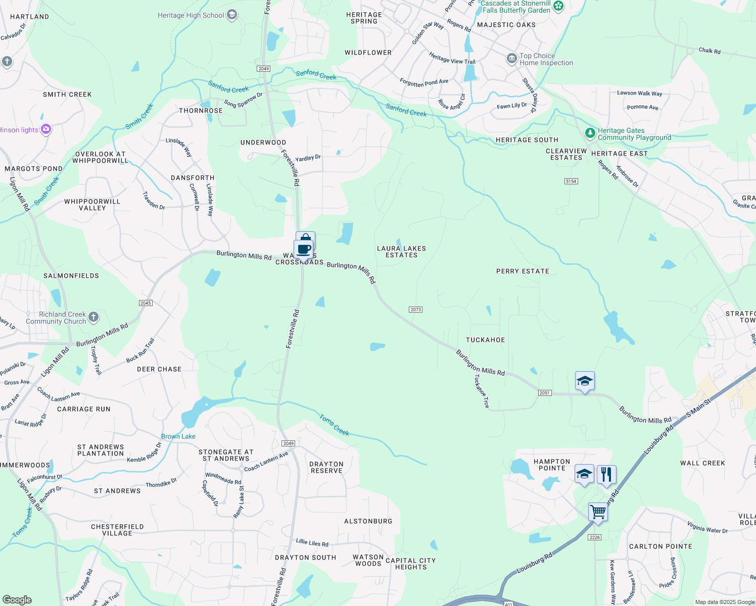 map of restaurants, bars, coffee shops, grocery stores, and more near 4108 Burlington Mills Road in Wake Forest