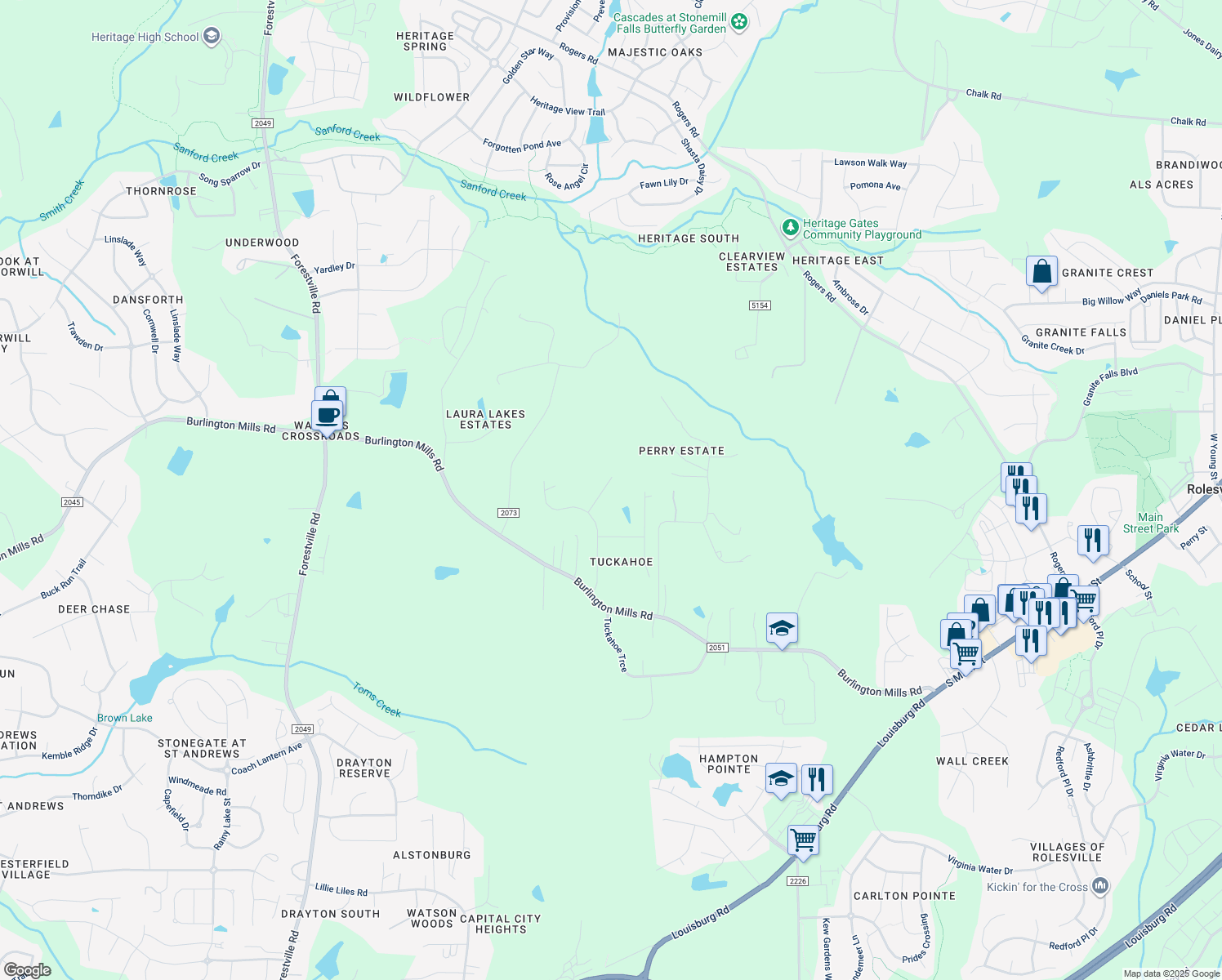 map of restaurants, bars, coffee shops, grocery stores, and more near 4420 Trommel Court in Wake Forest