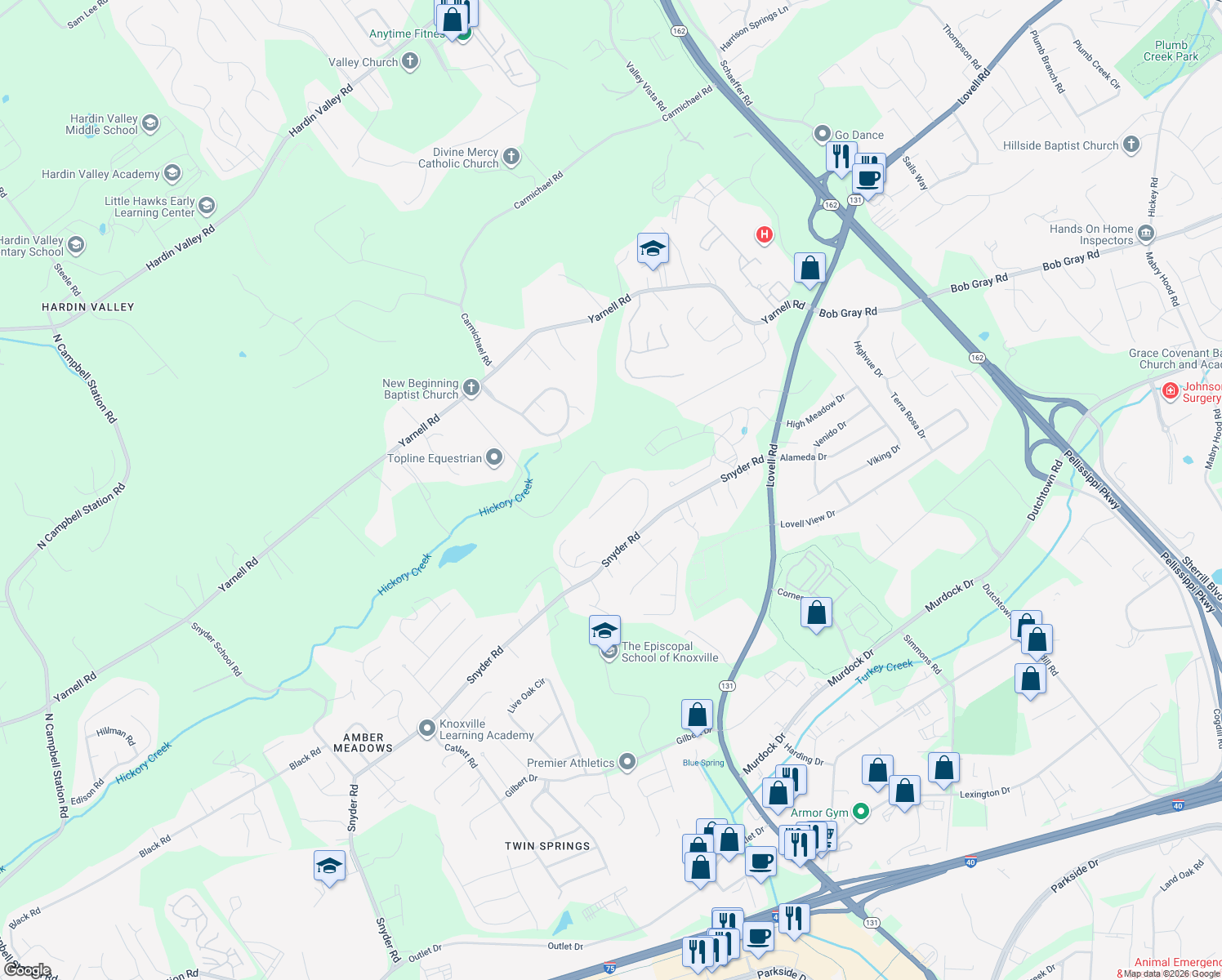 map of restaurants, bars, coffee shops, grocery stores, and more near 1224 Bishops View Lane in Knoxville