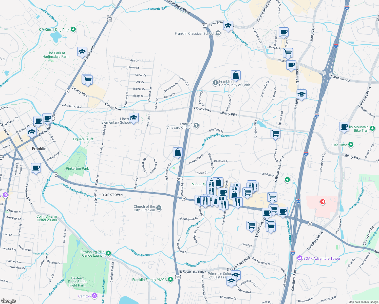 map of restaurants, bars, coffee shops, grocery stores, and more near 130 Jordan Road in Franklin