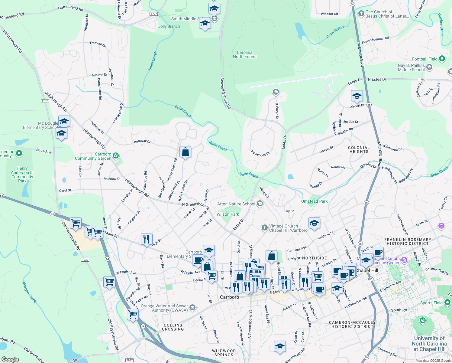 map of restaurants, bars, coffee shops, grocery stores, and more near 145 Viburnum Way in Carrboro