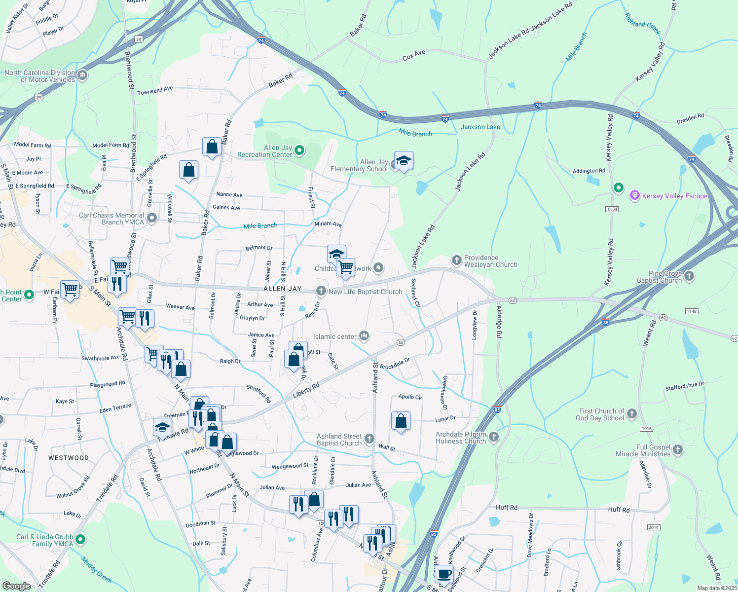 map of restaurants, bars, coffee shops, grocery stores, and more near 3606 Akers Court in High Point