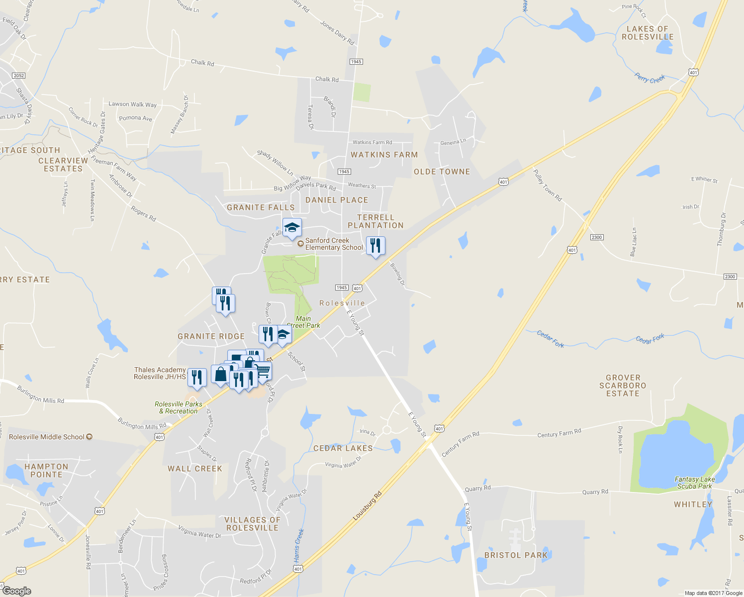 map of restaurants, bars, coffee shops, grocery stores, and more near 211 Pulley Street in Rolesville