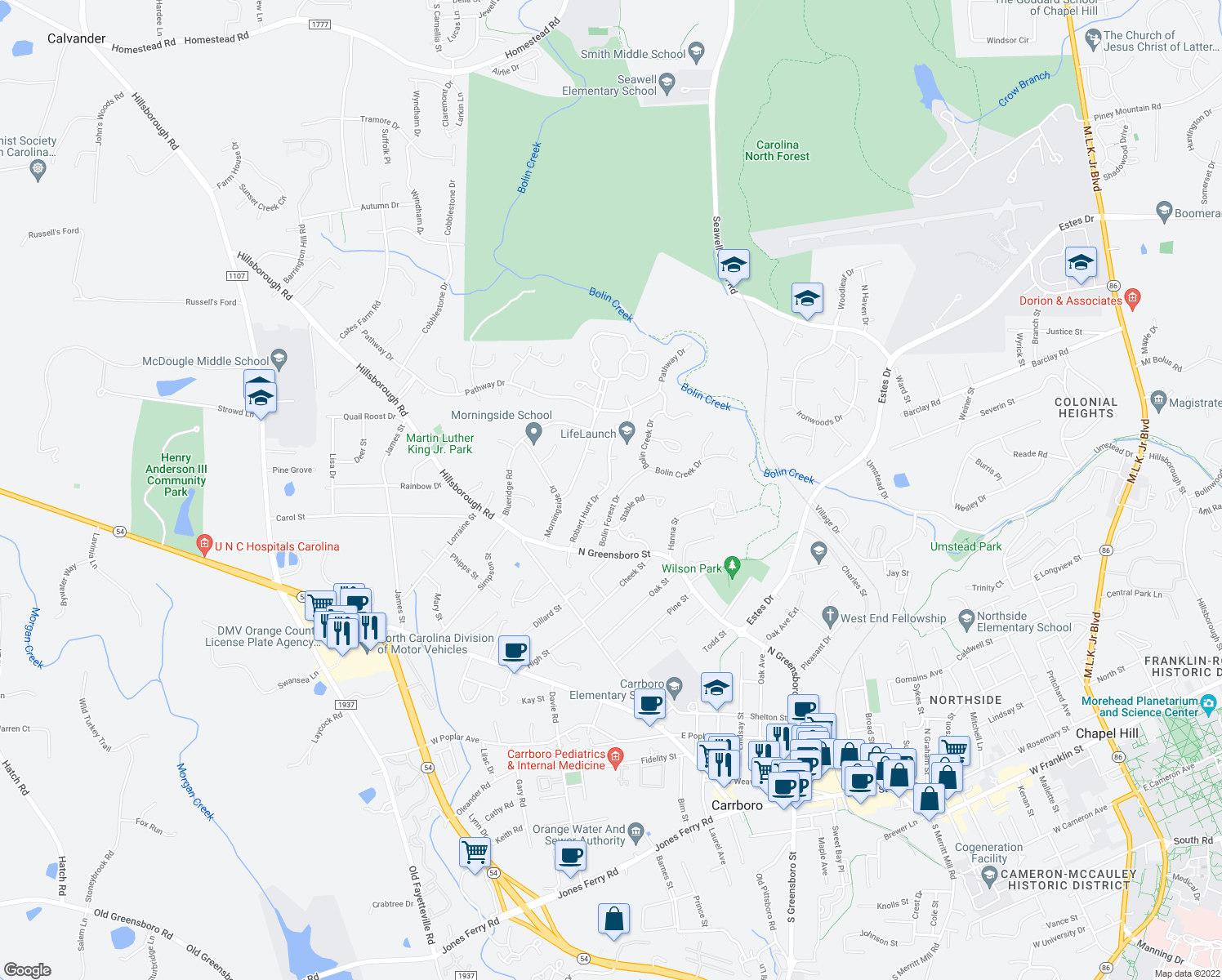 map of restaurants, bars, coffee shops, grocery stores, and more near 300 Robert Hunt Drive in Carrboro