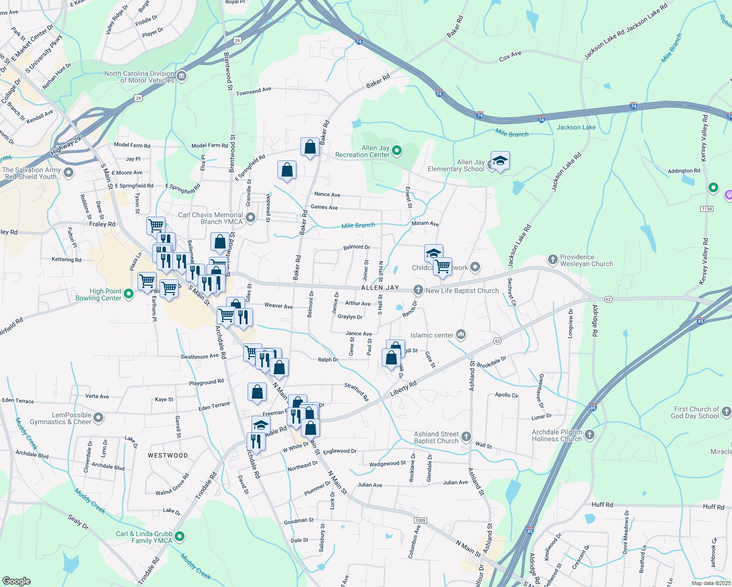 map of restaurants, bars, coffee shops, grocery stores, and more near 908 East Fairfield Road in High Point