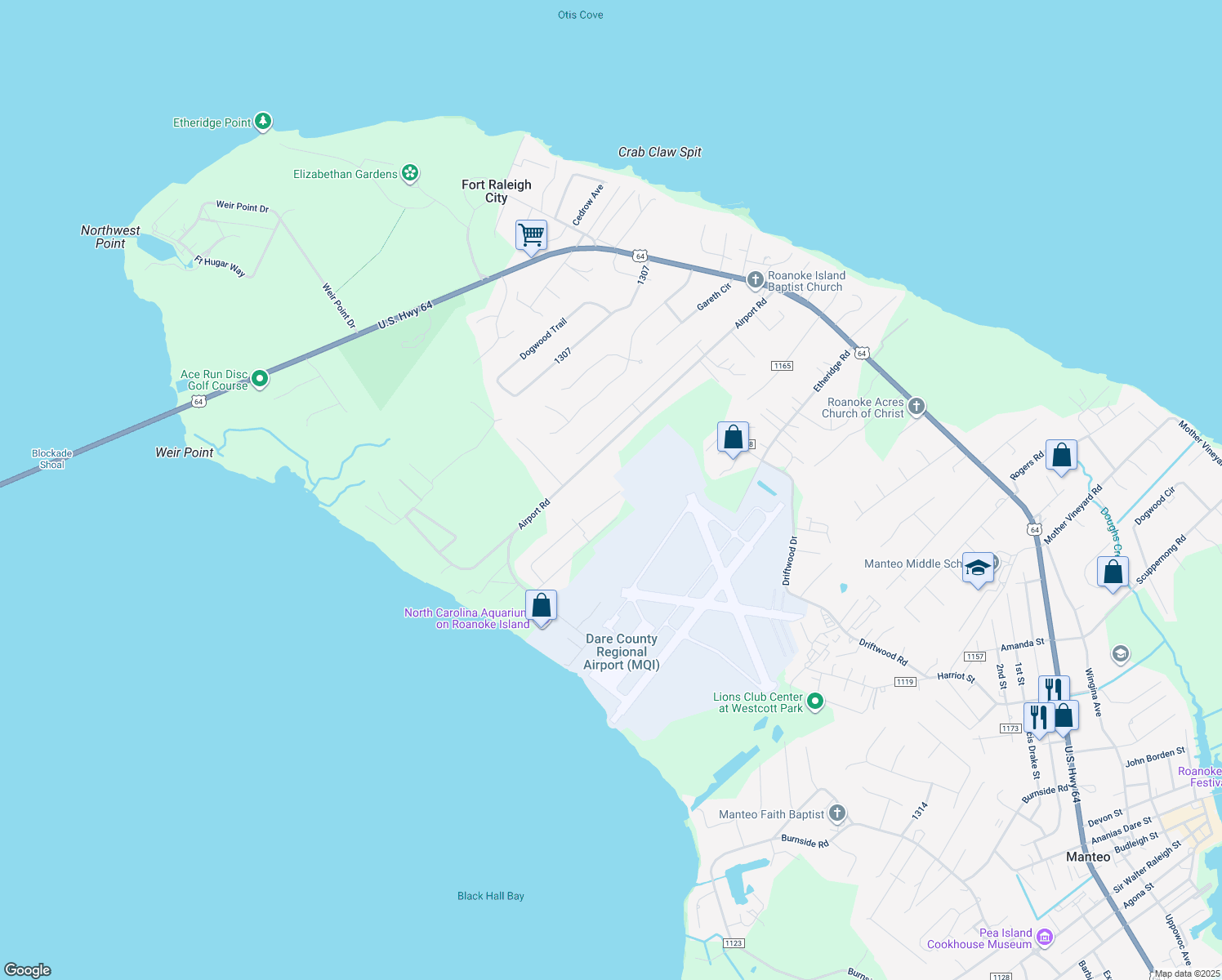 map of restaurants, bars, coffee shops, grocery stores, and more near 183 Roanoke Trail in Manteo