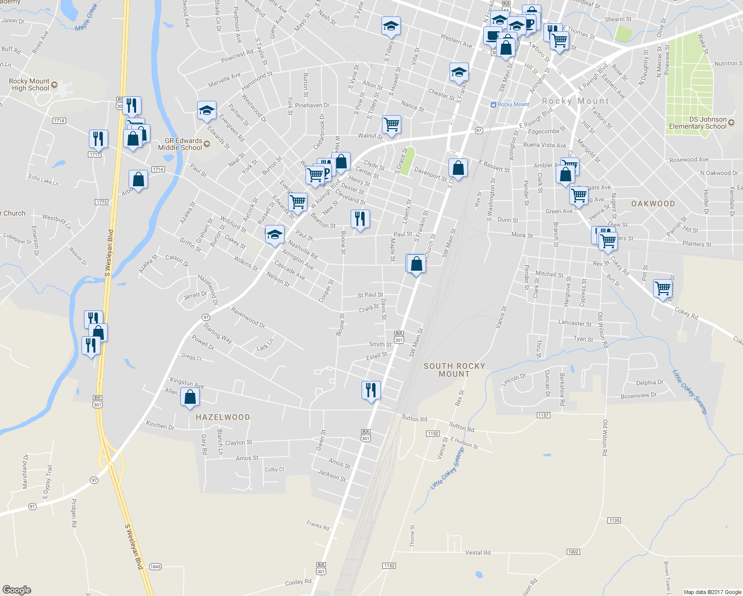 map of restaurants, bars, coffee shops, grocery stores, and more near 423 Saint Paul Street in Rocky Mount