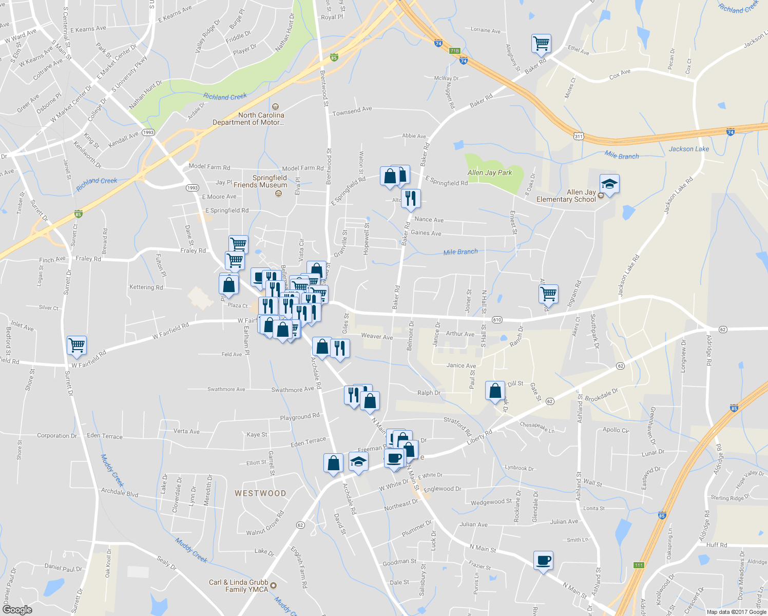 map of restaurants, bars, coffee shops, grocery stores, and more near 527 East Fairfield Road in High Point