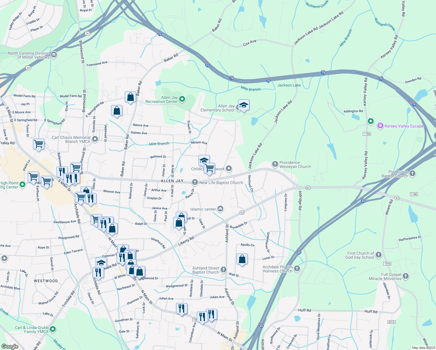 map of restaurants, bars, coffee shops, grocery stores, and more near 2732 Ingram Road in High Point