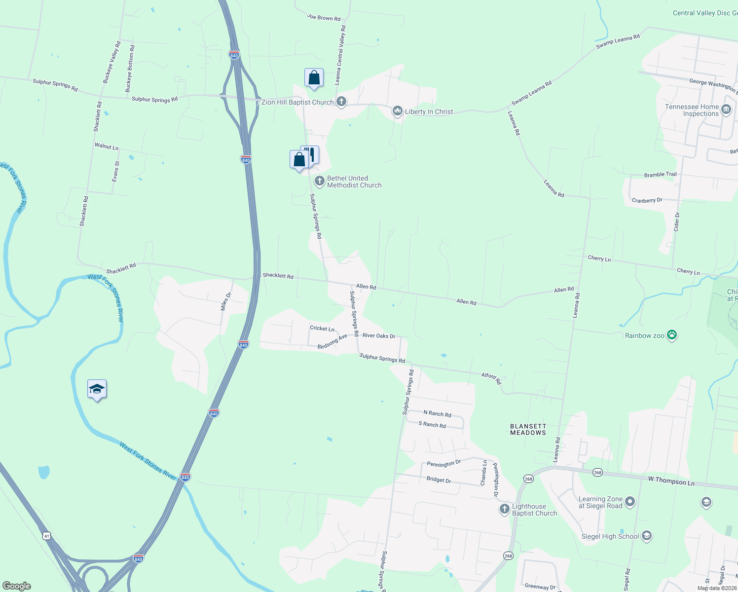 map of restaurants, bars, coffee shops, grocery stores, and more near 1171 Allen Rd in Murfreesboro
