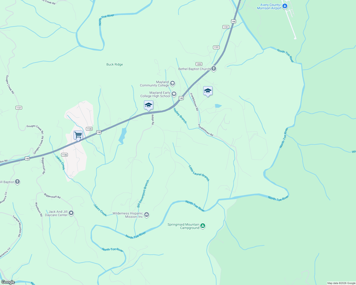 map of restaurants, bars, coffee shops, grocery stores, and more near 91 Ivy Drive in Spruce Pine